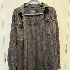 Aerie Waffle Knit Button-Up Shirt in Gray